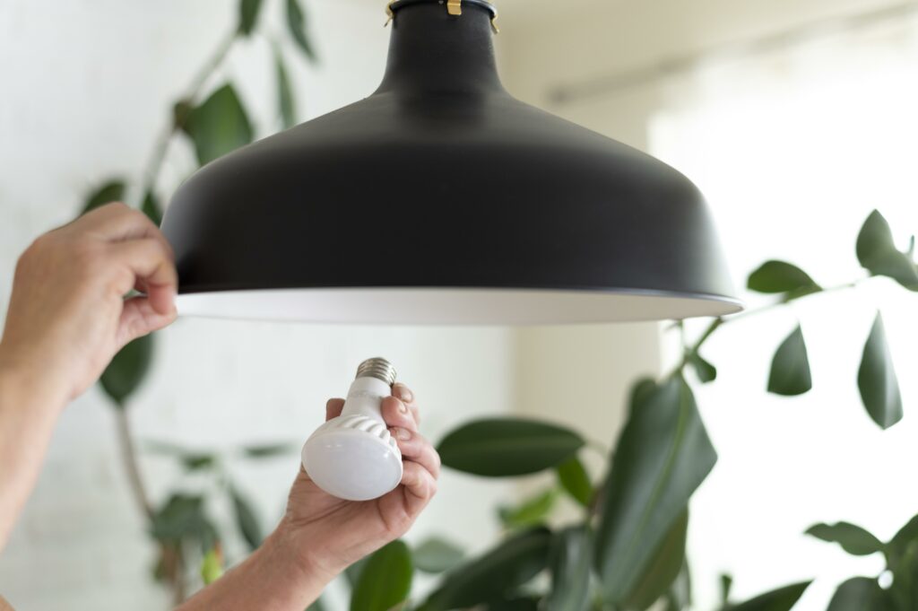Mise en place d'ampoule LED sur un lustre pour réduire sa facture énergétique 